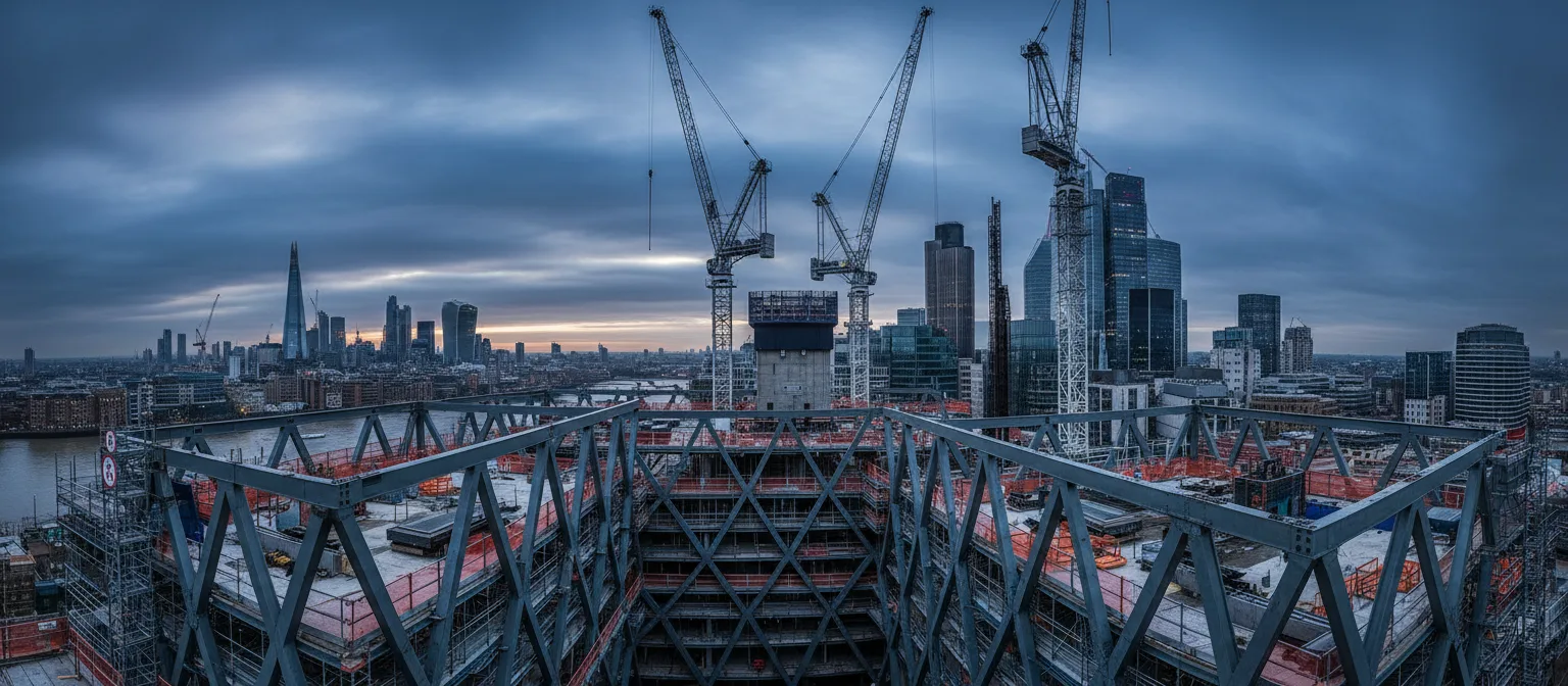 Modern UK construction site with cranes and scaffolding